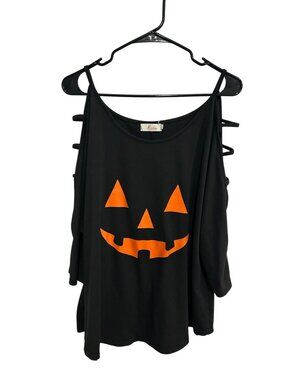 Roshop XXL Black Orange Halloween Cold Shoulder Top Pumpkin Graphic Camp Retro